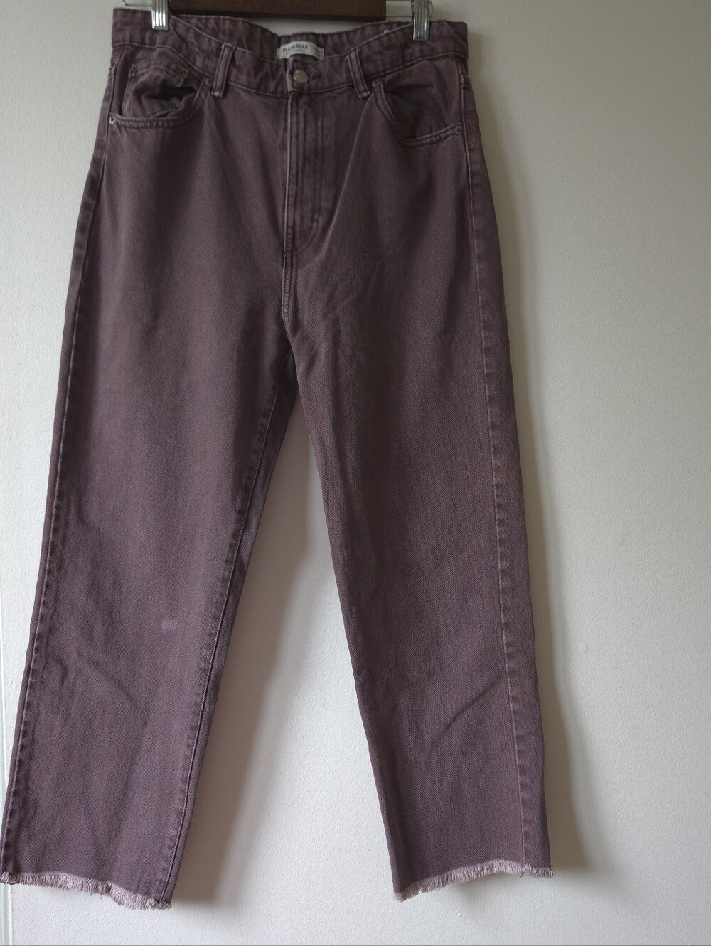 Pull & Bear High-Rise Straight Leg Raw Hem Jeans in Washed Plum/Brown US 8/40 EU